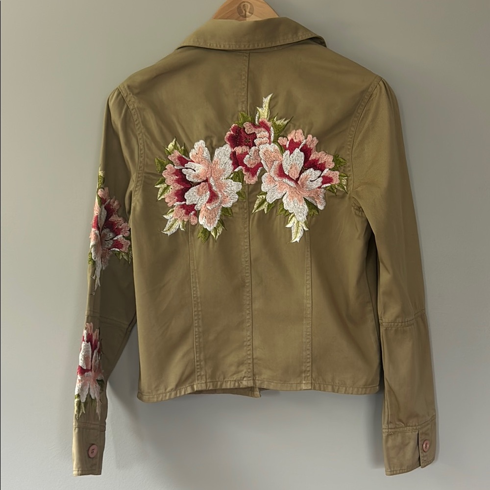 Johnny‎ Was Embroidered Floral Jacket Coat Size Small Tan Khaki Pink Green